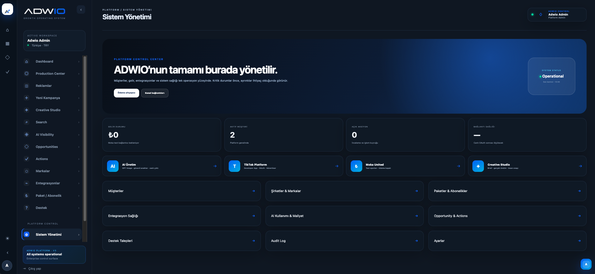 ADWIO yönetim paneli ekranı